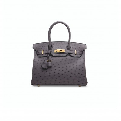 HERMÈS MASTER BIRKIN 30 OSTRICH LEATHER PEWTER GREY GOLD BUCKLE H041933CK79 (30*22*16cm)